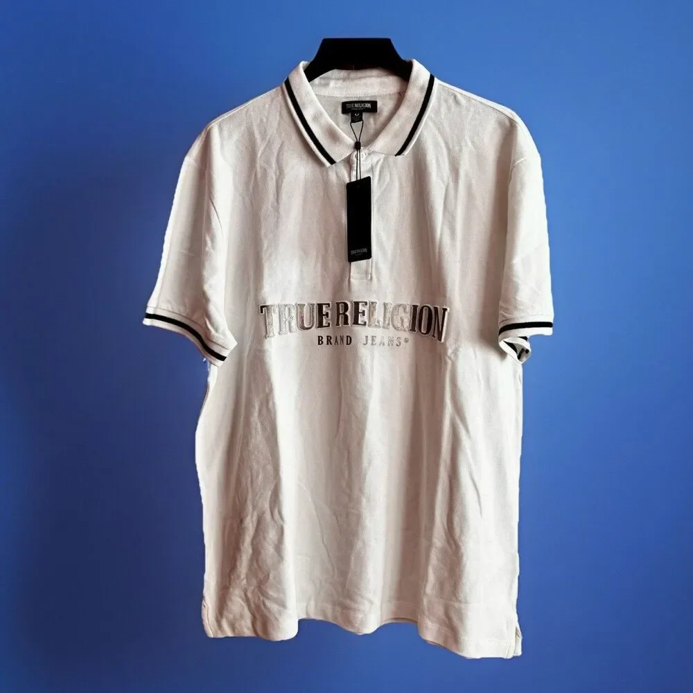 True Religion Shirt Polo Men’s Size 2XL White Black Silver Raised Lettering NEW